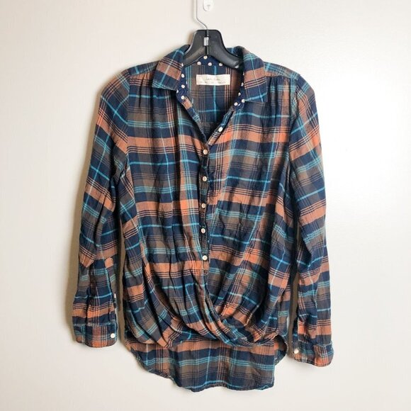 Anthropologie Isabella Sinclair Plaid Twisted Button Down Blue Orange XS Womens - Picture 6 of 14